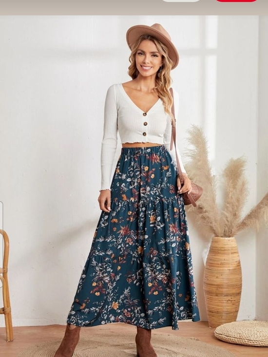 Emery Rose Dresses & Skirts - Teal Floral Tiered Maxi Skirt with Elastic Waist Size Medium
